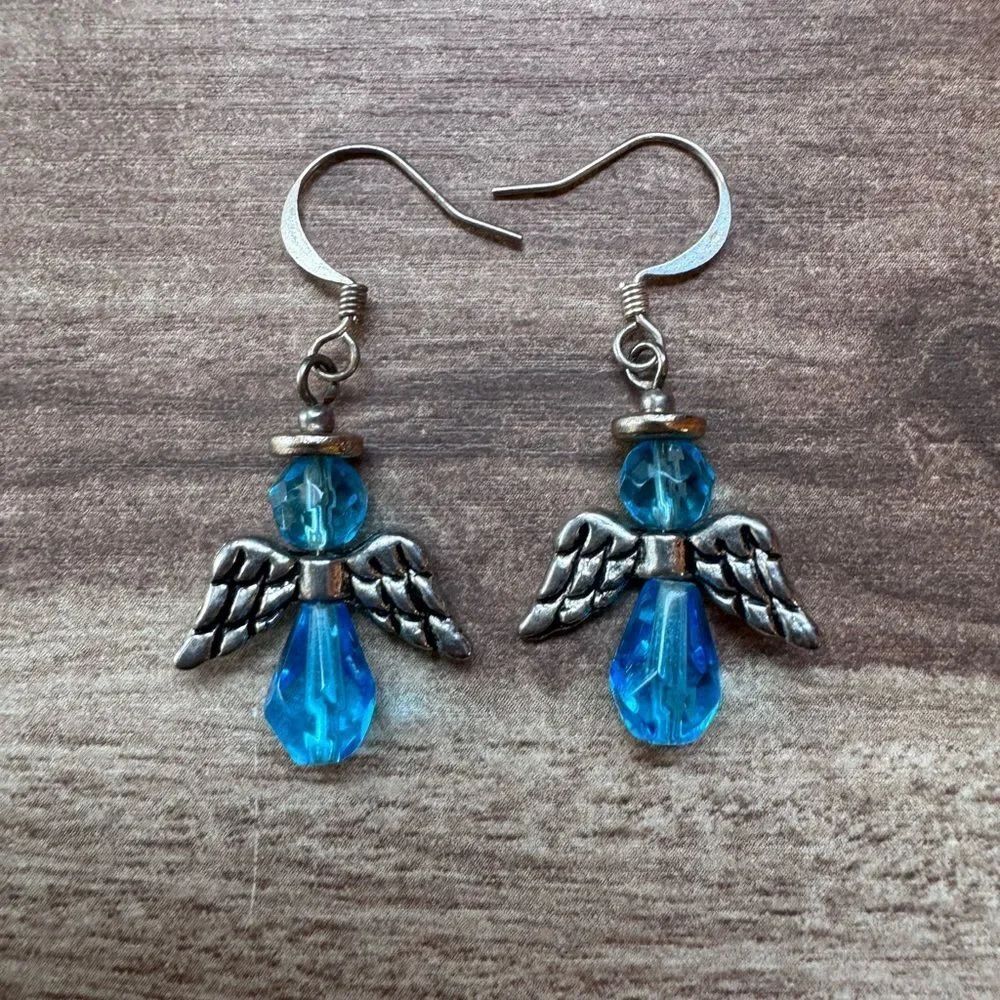 Angel Dangle Drop Earrings Blue Glass Silver Tone Hook Back Earrings